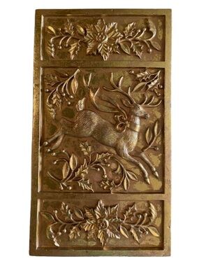 MCM Inspired Leaping Reindeer Wall Plaque in Antique Gold Relief 6.75” x 12” EUC